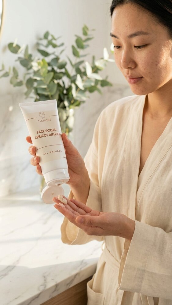 Woman applying Tiamore Apricot Face Scrub in a sunlit bathroom